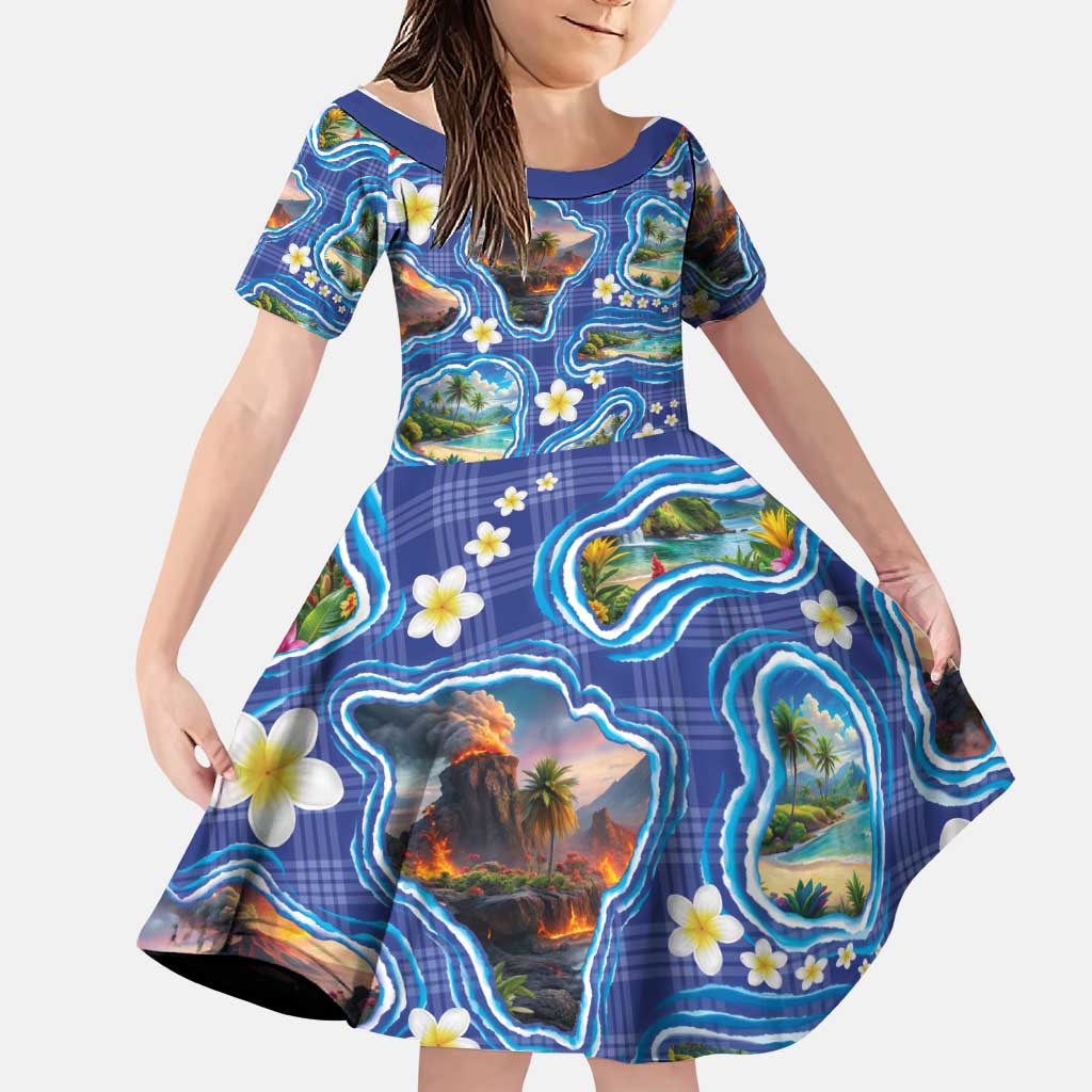 Hawaiian Island Shapes-Iconic Landscape Family Matching Off Shoulder Maxi Dress and Hawaiian Shirt with Plumeria and Palaka Blue Color LT03 Daughter's Dress Blue - Polynesian Pride