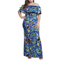 Hawaiian Island Shapes-Iconic Landscape Family Matching Off Shoulder Maxi Dress and Hawaiian Shirt with Plumeria and Palaka Blue Color LT03 Mom's Dress Blue - Polynesian Pride