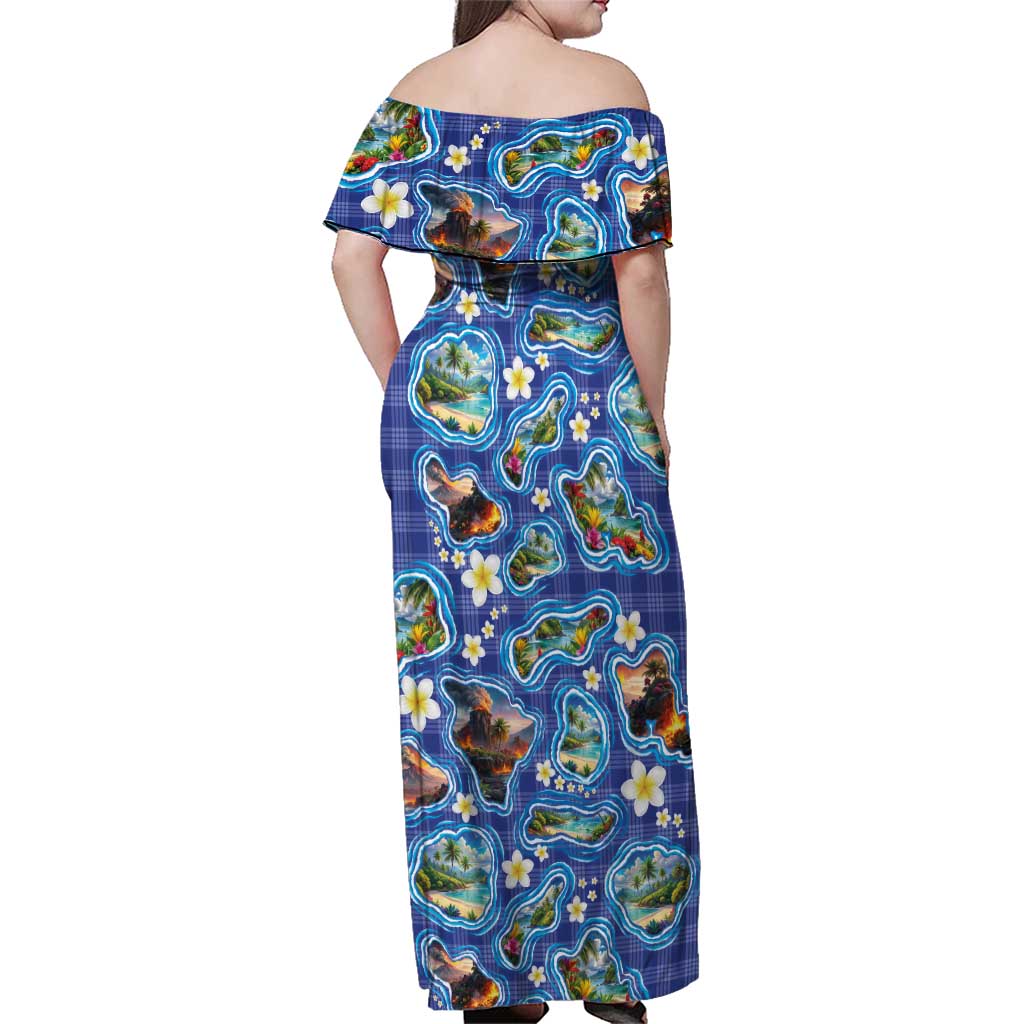Hawaiian Island Shapes-Iconic Landscape Family Matching Off Shoulder Maxi Dress and Hawaiian Shirt with Plumeria and Palaka Blue Color LT03 - Polynesian Pride