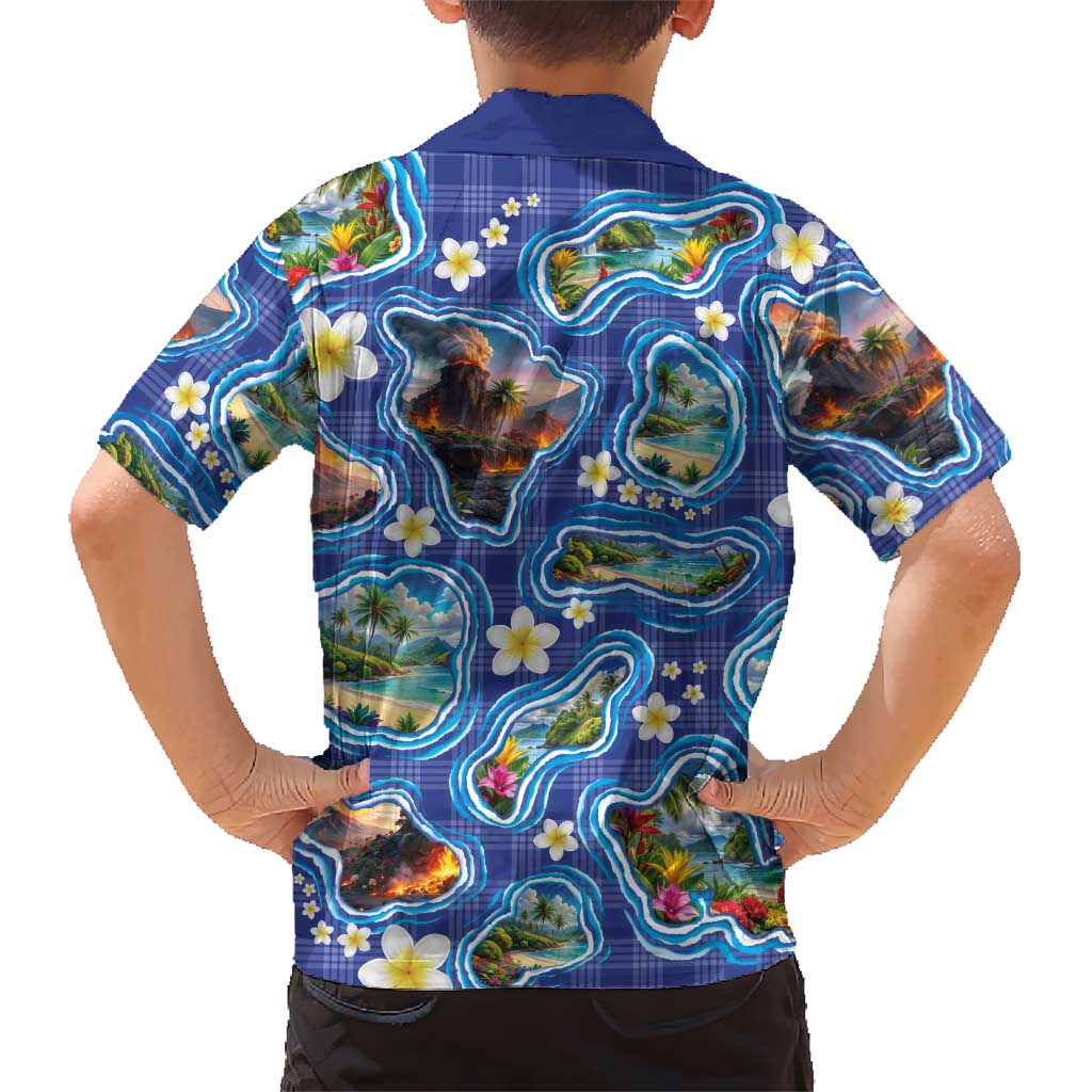 Hawaiian Island Shapes-Iconic Landscape Family Matching Off Shoulder Short Dress and Hawaiian Shirt with Plumeria and Palaka Blue Color LT03 - Polynesian Pride