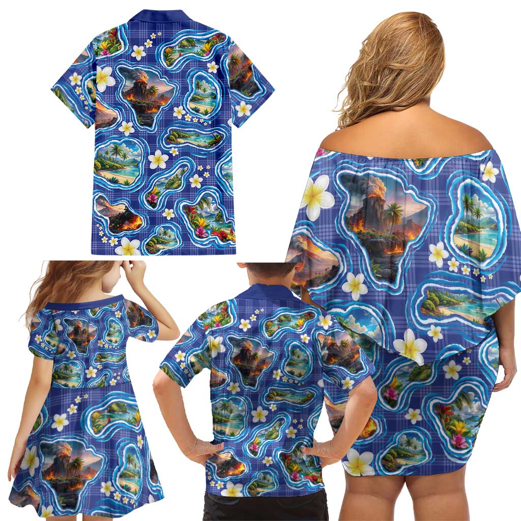 Hawaiian Island Shapes-Iconic Landscape Family Matching Off Shoulder Short Dress and Hawaiian Shirt with Plumeria and Palaka Blue Color LT03 - Polynesian Pride