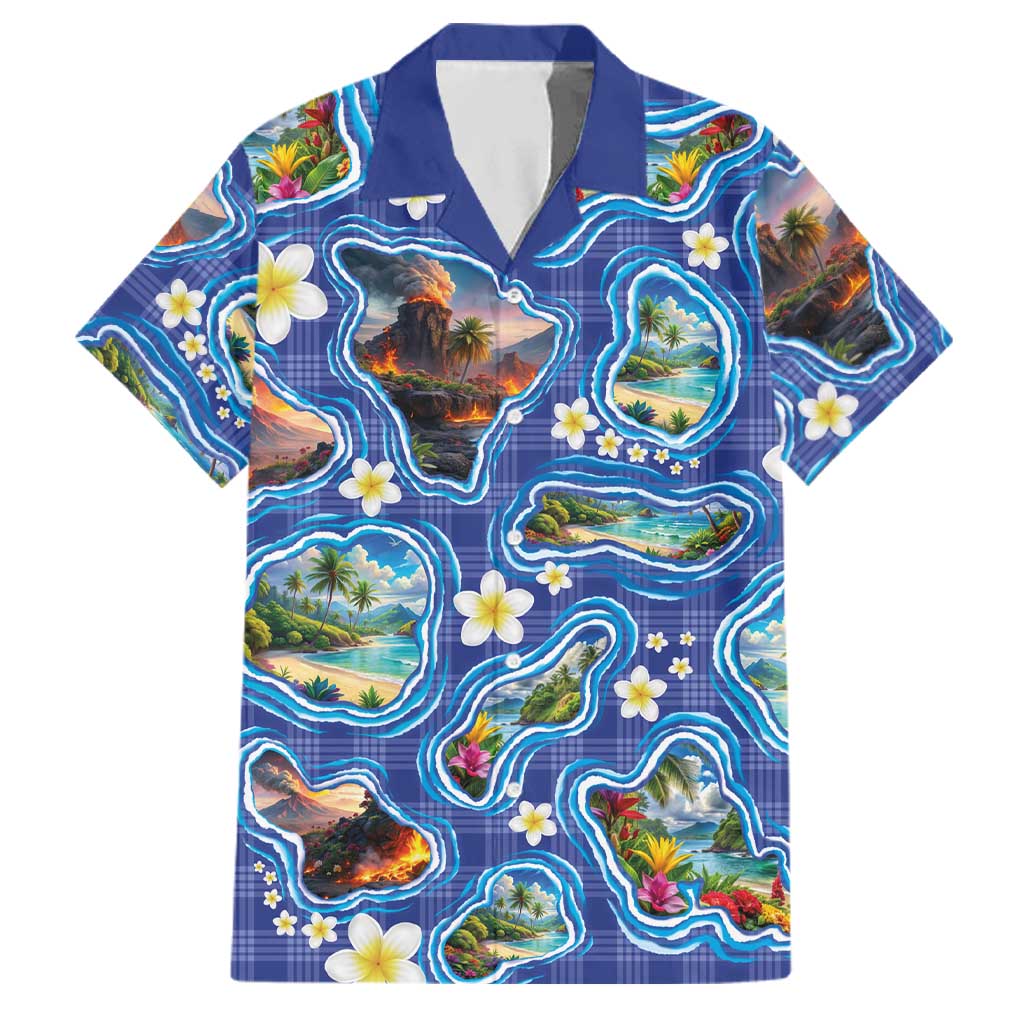 Hawaiian Island Shapes-Iconic Landscape Family Matching Off Shoulder Short Dress and Hawaiian Shirt with Plumeria and Palaka Blue Color LT03 Dad's Shirt - Short Sleeve Blue - Polynesian Pride