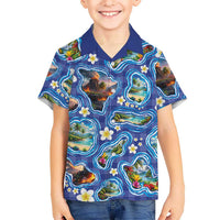 Hawaiian Island Shapes-Iconic Landscape Family Matching Off Shoulder Short Dress and Hawaiian Shirt with Plumeria and Palaka Blue Color LT03 Son's Shirt Blue - Polynesian Pride
