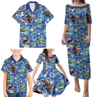 Hawaiian Island Shapes-Iconic Landscape Family Matching Puletasi and Hawaiian Shirt with Plumeria and Palaka Blue Color LT03 - Polynesian Pride