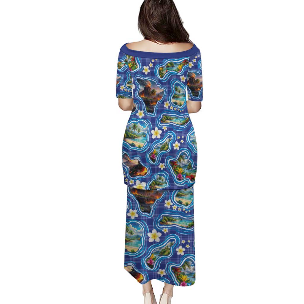 Hawaiian Island Shapes-Iconic Landscape Family Matching Puletasi and Hawaiian Shirt with Plumeria and Palaka Blue Color LT03 - Polynesian Pride