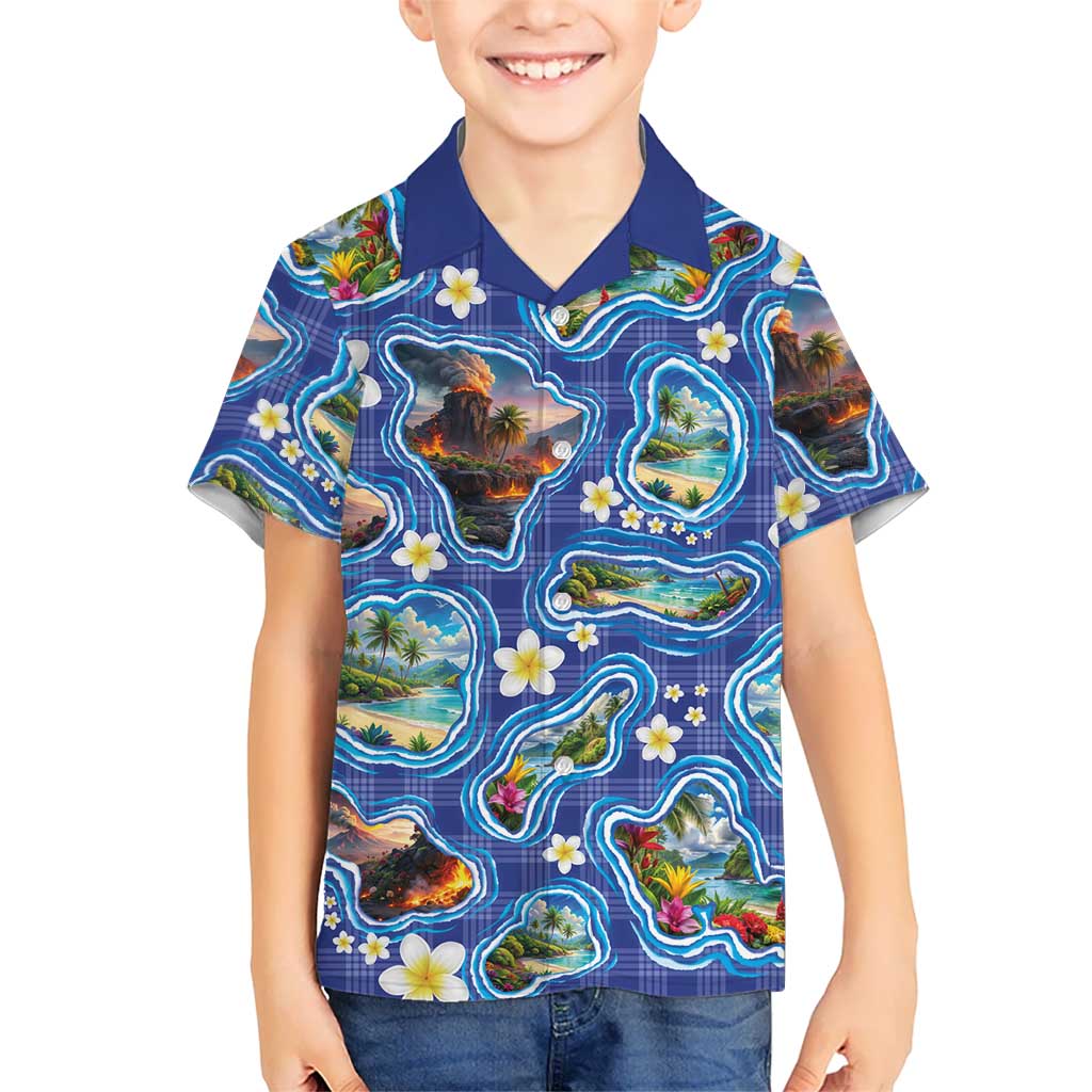 Hawaiian Island Shapes-Iconic Landscape Family Matching Puletasi and Hawaiian Shirt with Plumeria and Palaka Blue Color LT03 Son's Shirt Blue - Polynesian Pride