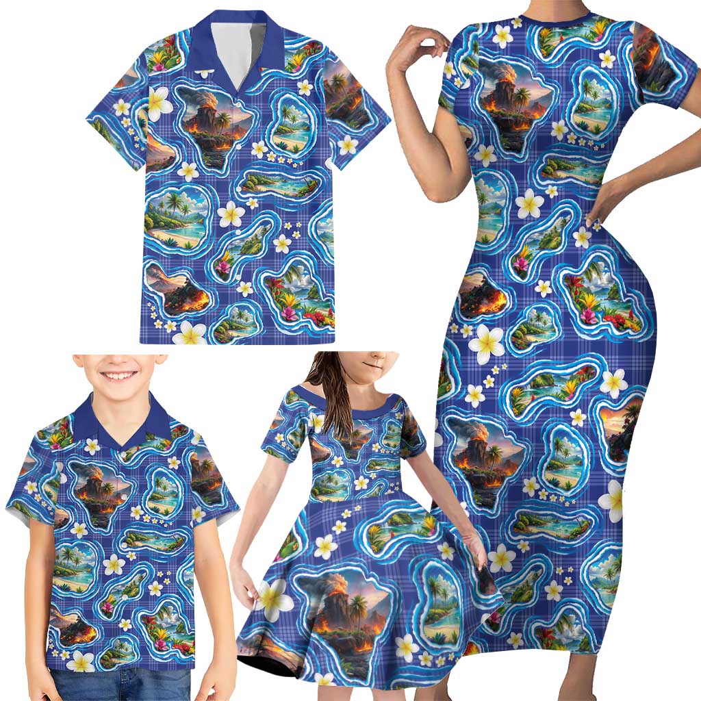 Hawaiian Island Shapes-Iconic Landscape Family Matching Short Sleeve Bodycon Dress and Hawaiian Shirt with Plumeria and Palaka Blue Color LT03 - Polynesian Pride