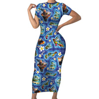 Hawaiian Island Shapes-Iconic Landscape Family Matching Short Sleeve Bodycon Dress and Hawaiian Shirt with Plumeria and Palaka Blue Color LT03 Mom's Dress Blue - Polynesian Pride