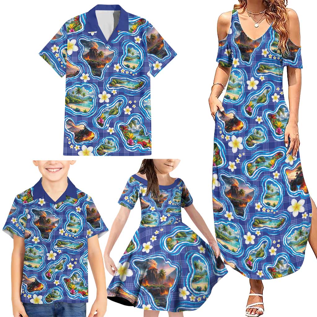 Hawaiian Island Shapes-Iconic Landscape Family Matching Summer Maxi Dress and Hawaiian Shirt with Plumeria and Palaka Blue Color