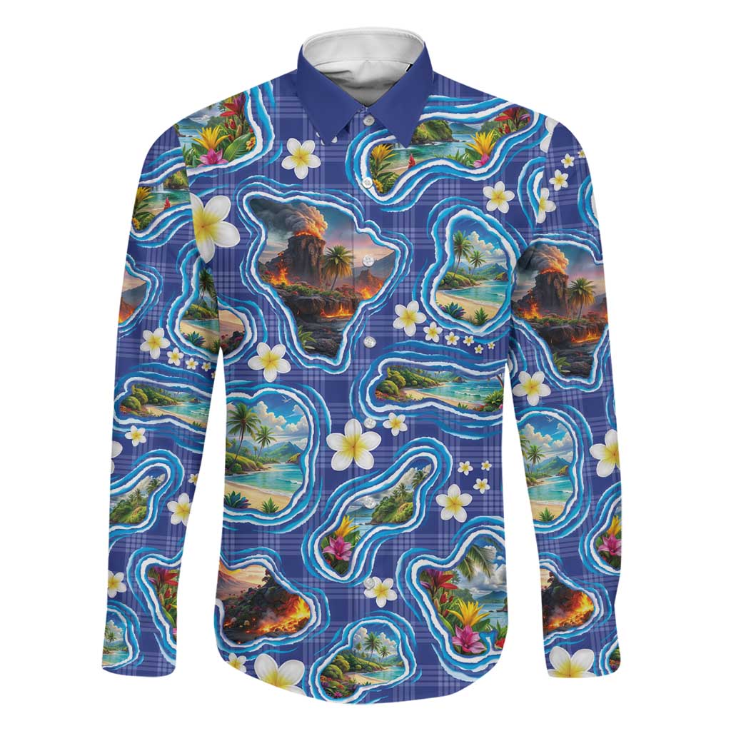 Hawaiian Island Shapes-Iconic Landscape Family Matching Tank Maxi Dress and Hawaiian Shirt with Plumeria and Palaka Blue Color LT03 Dad's Shirt - Long Sleeve Blue - Polynesian Pride