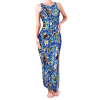 Hawaiian Island Shapes-Iconic Landscape Family Matching Tank Maxi Dress and Hawaiian Shirt with Plumeria and Palaka Blue Color LT03 Mom's Dress Blue - Polynesian Pride