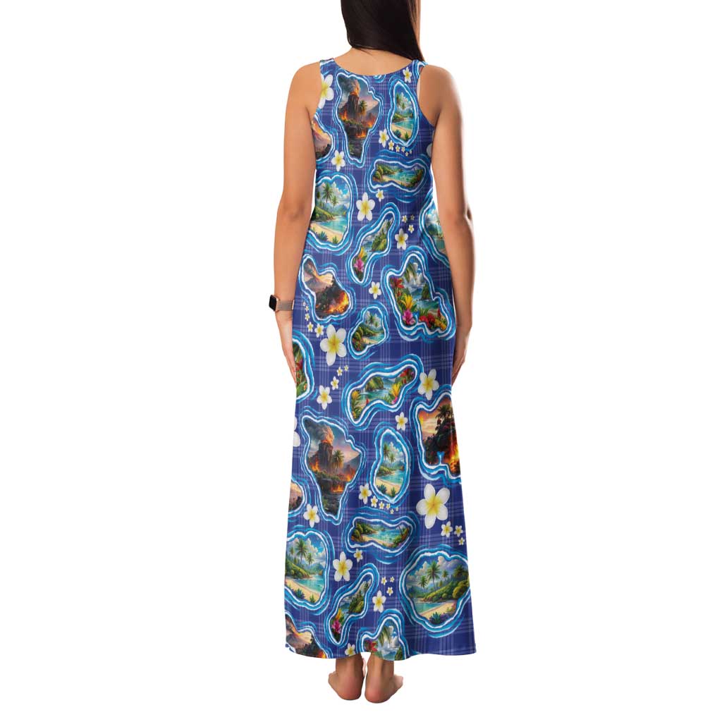 Hawaiian Island Shapes-Iconic Landscape Family Matching Tank Maxi Dress and Hawaiian Shirt with Plumeria and Palaka Blue Color LT03 - Polynesian Pride
