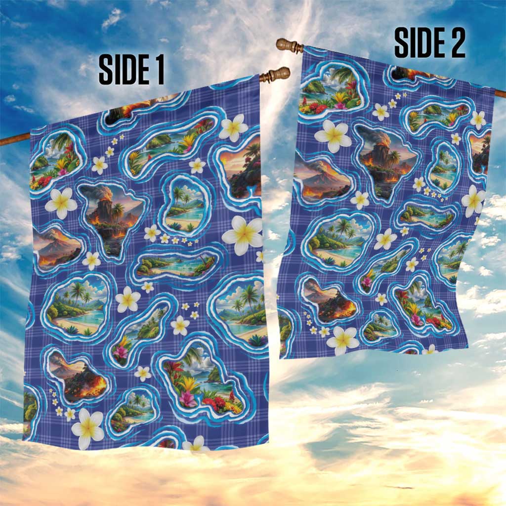 Hawaiian Island Shapes-Iconic Landscape Garden Flag with Plumeria and Palaka Blue Color