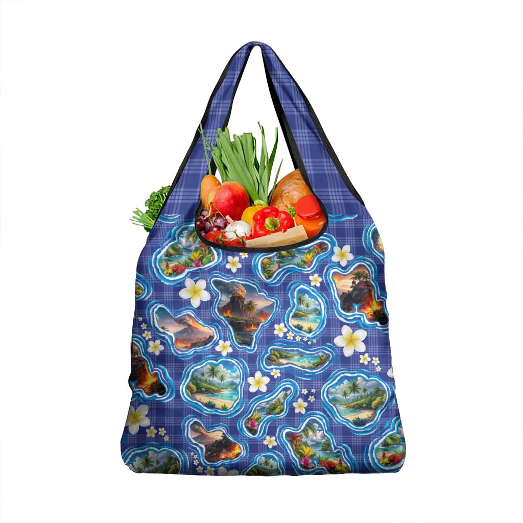 Hawaiian Island Shapes-Iconic Landscape Grocery Bag with Plumeria and Palaka Blue Color
