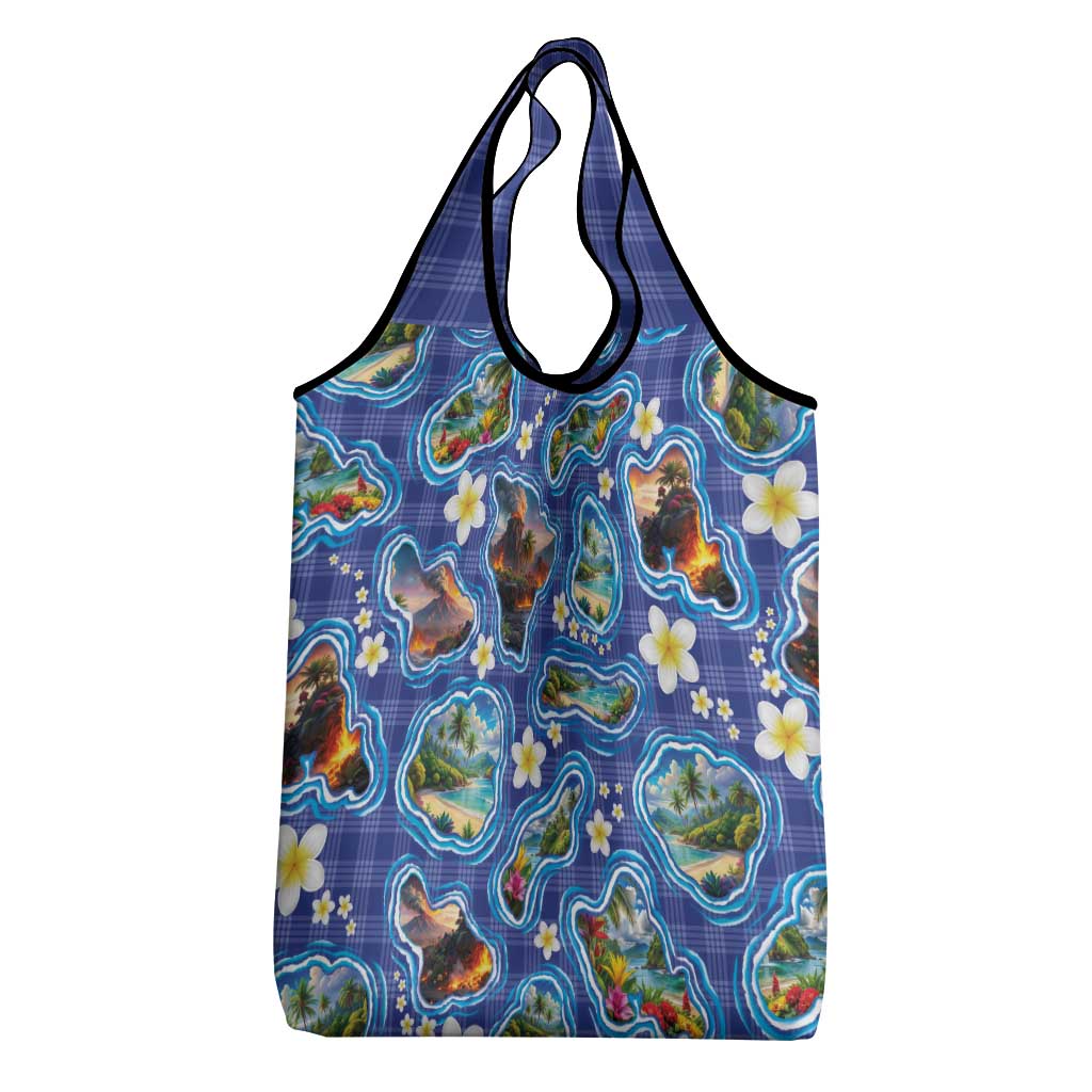 Hawaiian Island Shapes-Iconic Landscape Grocery Bag with Plumeria and Palaka Blue Color