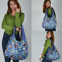 Hawaiian Island Shapes-Iconic Landscape Grocery Bag with Plumeria and Palaka Blue Color