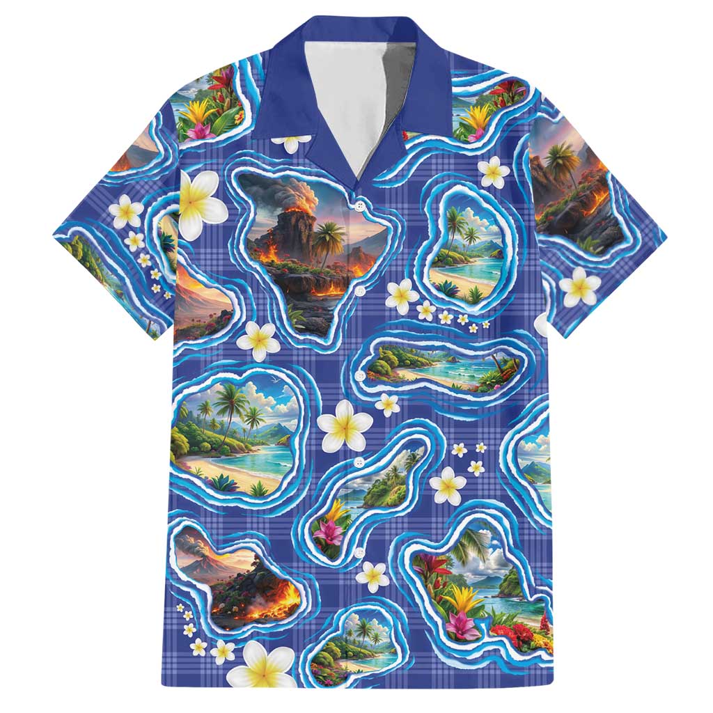Hawaiian Island Shapes-Iconic Landscape Hawaiian Shirt with Plumeria and Palaka Blue Color