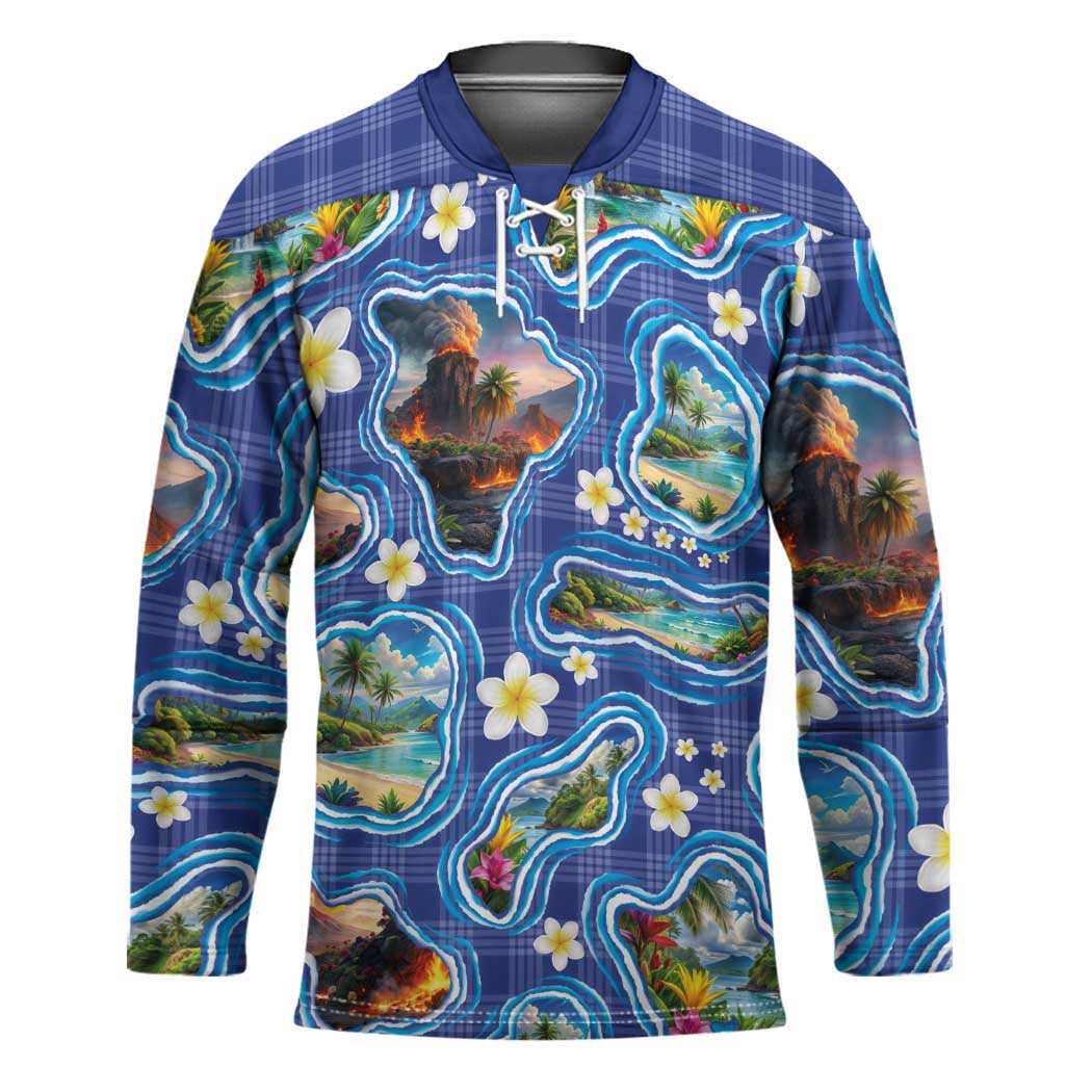Hawaiian Island Shapes-Iconic Landscape Hockey Jersey with Plumeria and Palaka Blue Color