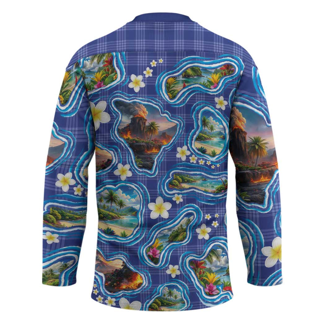 Hawaiian Island Shapes-Iconic Landscape Hockey Jersey with Plumeria and Palaka Blue Color