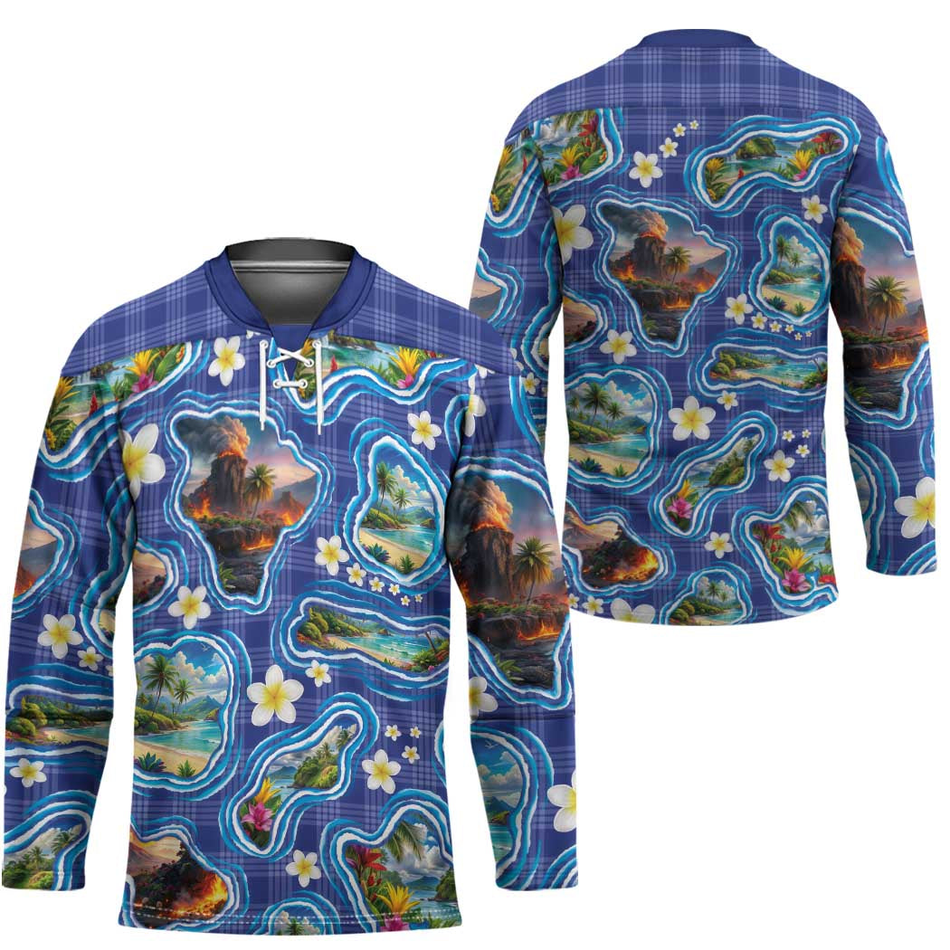 Hawaiian Island Shapes-Iconic Landscape Hockey Jersey with Plumeria and Palaka Blue Color