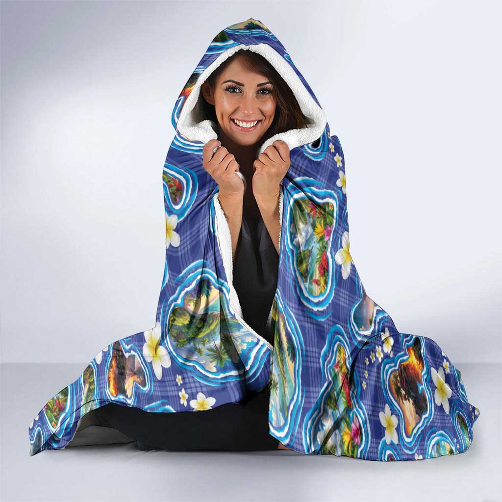 Hawaiian Island Shapes-Iconic Landscape Hooded Blanket with Plumeria and Palaka Blue Color