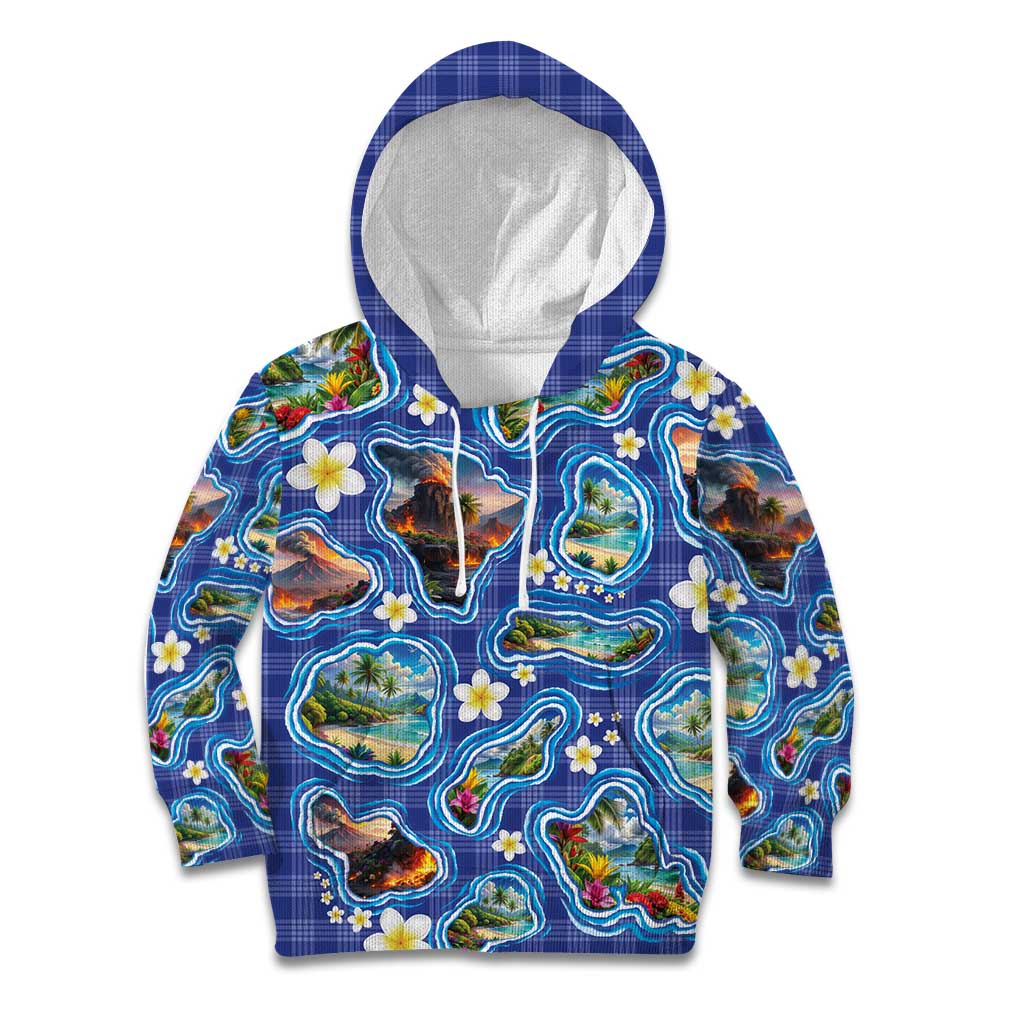Hawaiian Island Shapes-Iconic Landscape Kid Hoodie with Plumeria and Palaka Blue Color
