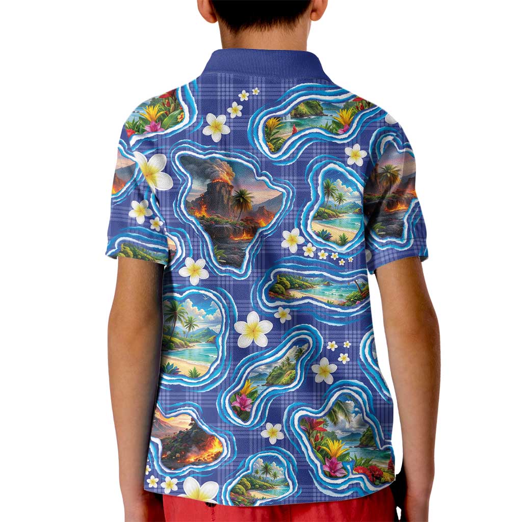 Hawaiian Island Shapes-Iconic Landscape Kid Polo Shirt with Plumeria and Palaka Blue Color LT03 - Polynesian Pride