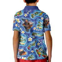 Hawaiian Island Shapes-Iconic Landscape Kid Polo Shirt with Plumeria and Palaka Blue Color LT03 - Polynesian Pride