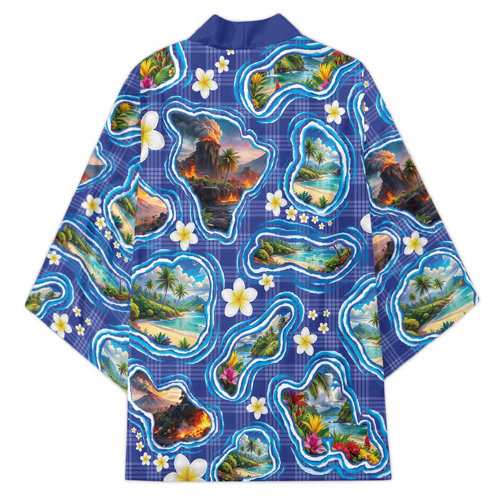 Hawaiian Island Shapes-Iconic Landscape Kimono with Plumeria and Palaka Blue Color
