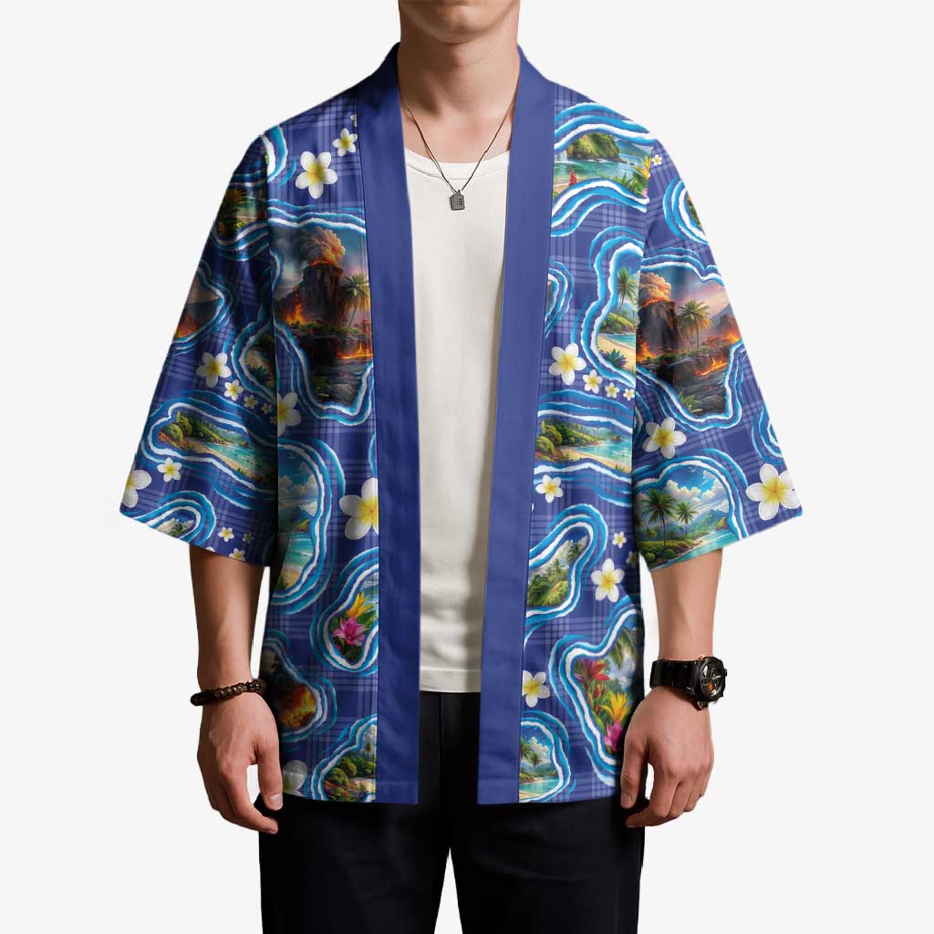 Hawaiian Island Shapes-Iconic Landscape Kimono with Plumeria and Palaka Blue Color