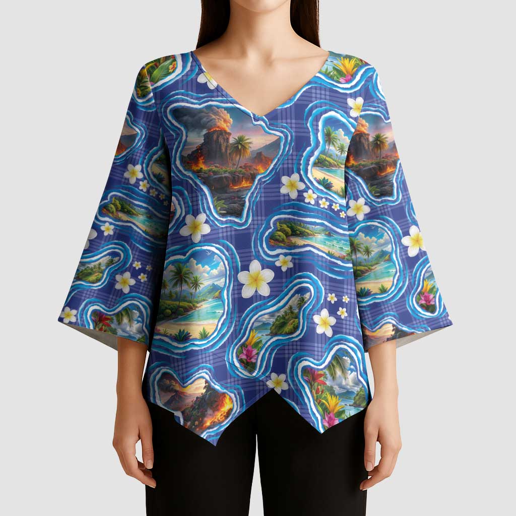 Hawaiian Island Shapes-Iconic Landscape Kimono Sleeve Blouse with Plumeria and Palaka Blue Color