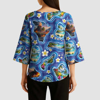 Hawaiian Island Shapes-Iconic Landscape Kimono Sleeve Blouse with Plumeria and Palaka Blue Color