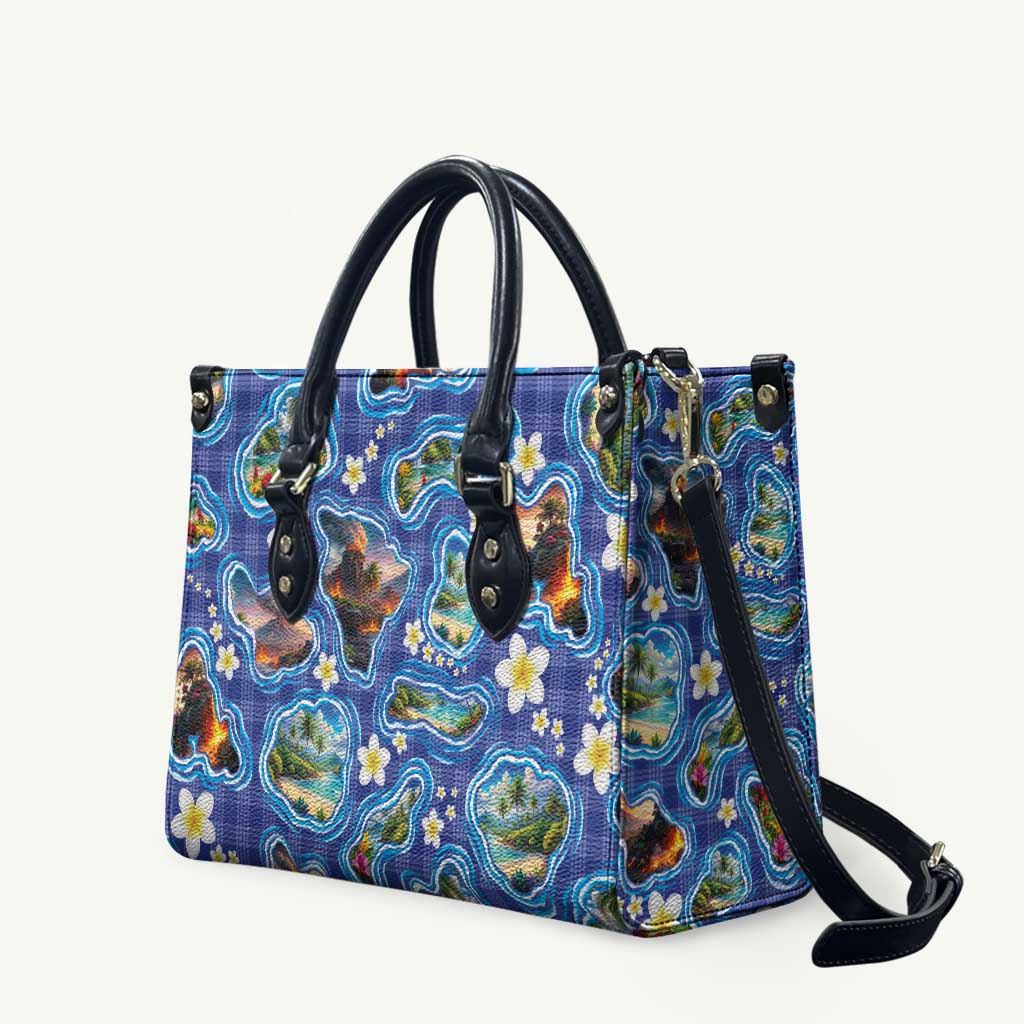 Hawaiian Island Shapes-Iconic Landscape Leather Bag with Plumeria and Palaka Blue Color