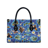 Hawaiian Island Shapes-Iconic Landscape Leather Bag with Plumeria and Palaka Blue Color