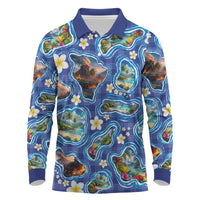 Hawaiian Island Shapes-Iconic Landscape Long Sleeve Polo Shirt with Plumeria and Palaka Blue Color LT03 Blue - Polynesian Pride