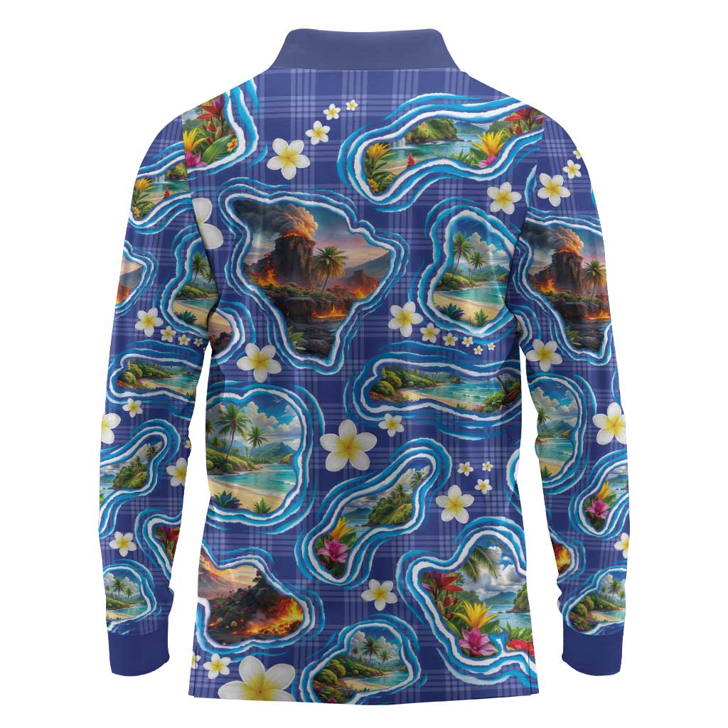 Hawaiian Island Shapes-Iconic Landscape Long Sleeve Polo Shirt with Plumeria and Palaka Blue Color LT03 - Polynesian Pride