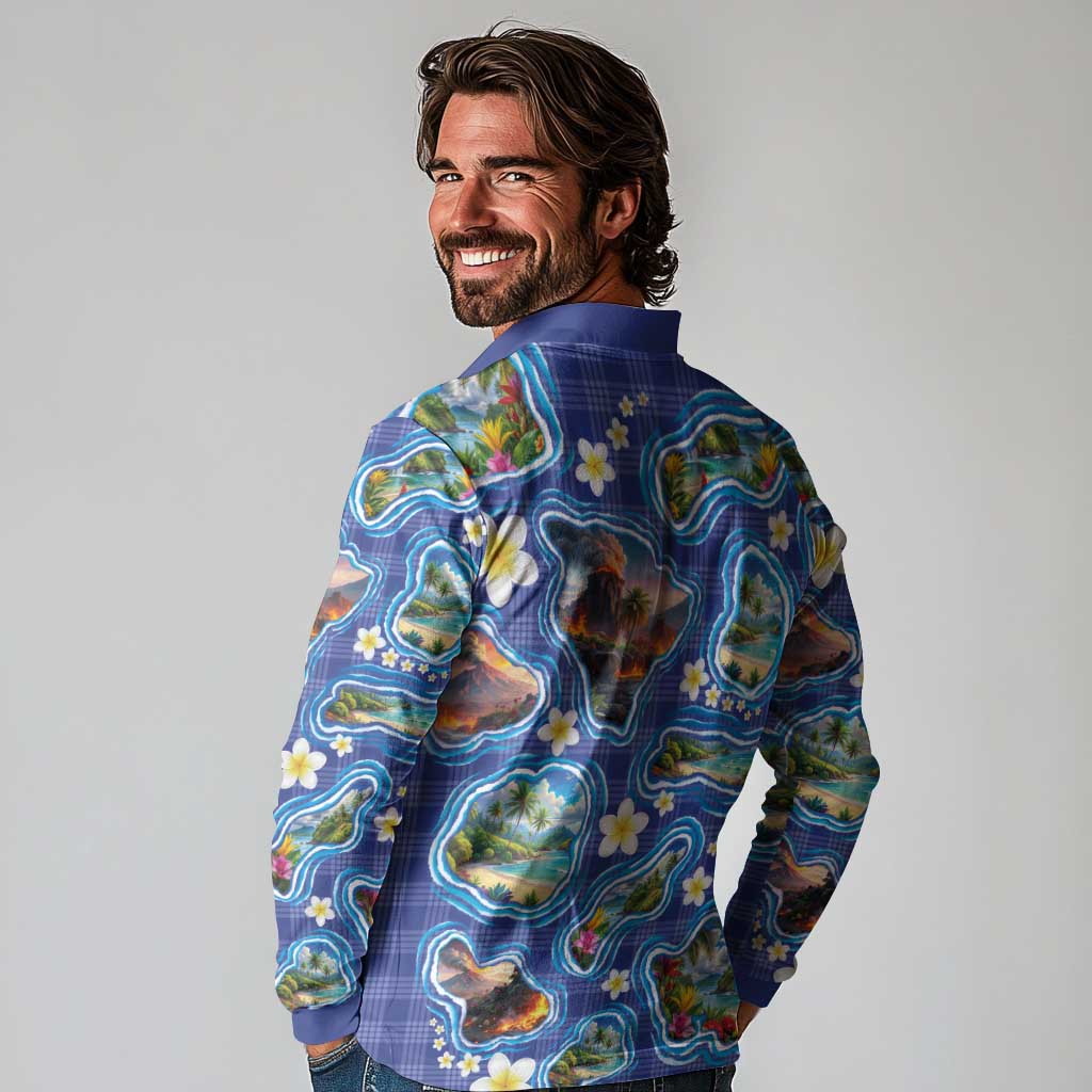 Hawaiian Island Shapes-Iconic Landscape Long Sleeve Polo Shirt with Plumeria and Palaka Blue Color LT03 - Polynesian Pride