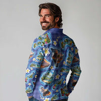 Hawaiian Island Shapes-Iconic Landscape Long Sleeve Polo Shirt with Plumeria and Palaka Blue Color LT03 - Polynesian Pride