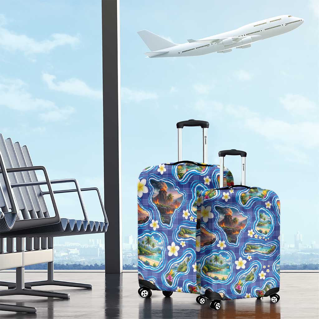 Hawaiian Island Shapes-Iconic Landscape Luggage Cover with Plumeria and Palaka Blue Color