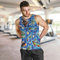 Hawaiian Island Shapes-Iconic Landscape Men Tank Top with Plumeria and Palaka Blue Color