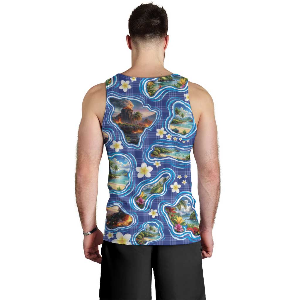 Hawaiian Island Shapes-Iconic Landscape Men Tank Top with Plumeria and Palaka Blue Color