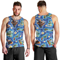 Hawaiian Island Shapes-Iconic Landscape Men Tank Top with Plumeria and Palaka Blue Color