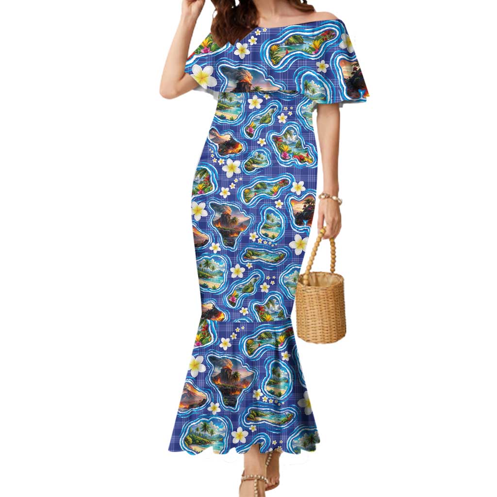 Hawaiian Island Shapes-Iconic Landscape Mermaid Dress with Plumeria and Palaka Blue Color