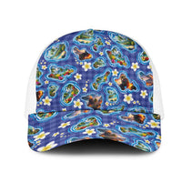 Hawaiian Island Shapes-Iconic Landscape Mesh Trucker Cap with Plumeria and Palaka Blue Color