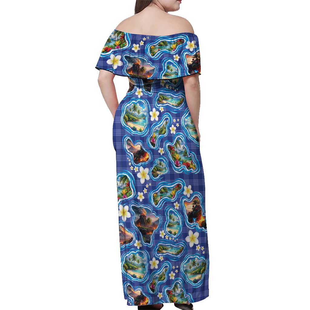 Hawaiian Island Shapes-Iconic Landscape Off Shoulder Maxi Dress with Plumeria and Palaka Blue Color
