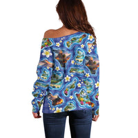 Hawaiian Island Shapes-Iconic Landscape Off Shoulder Sweater with Plumeria and Palaka Blue Color