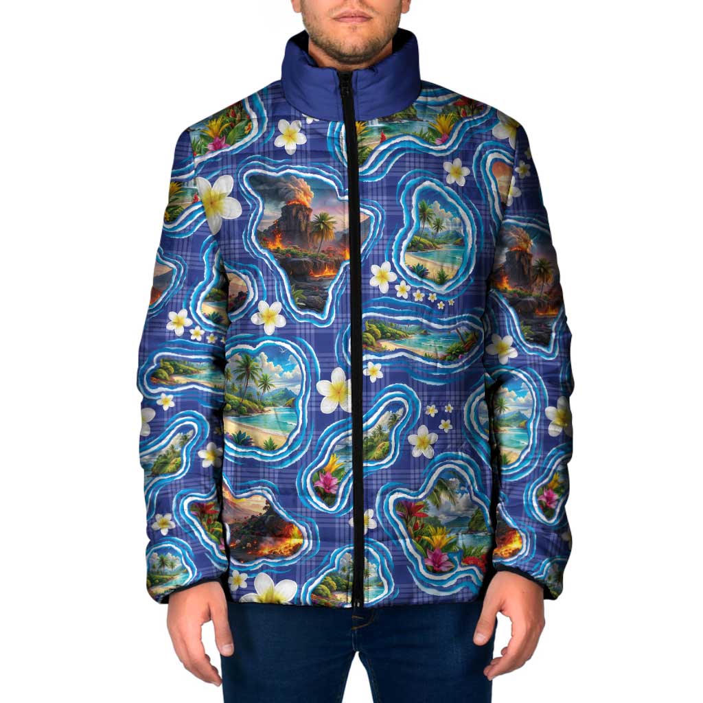 Hawaiian Island Shapes-Iconic Landscape Padded Jacket with Plumeria and Palaka Blue Color