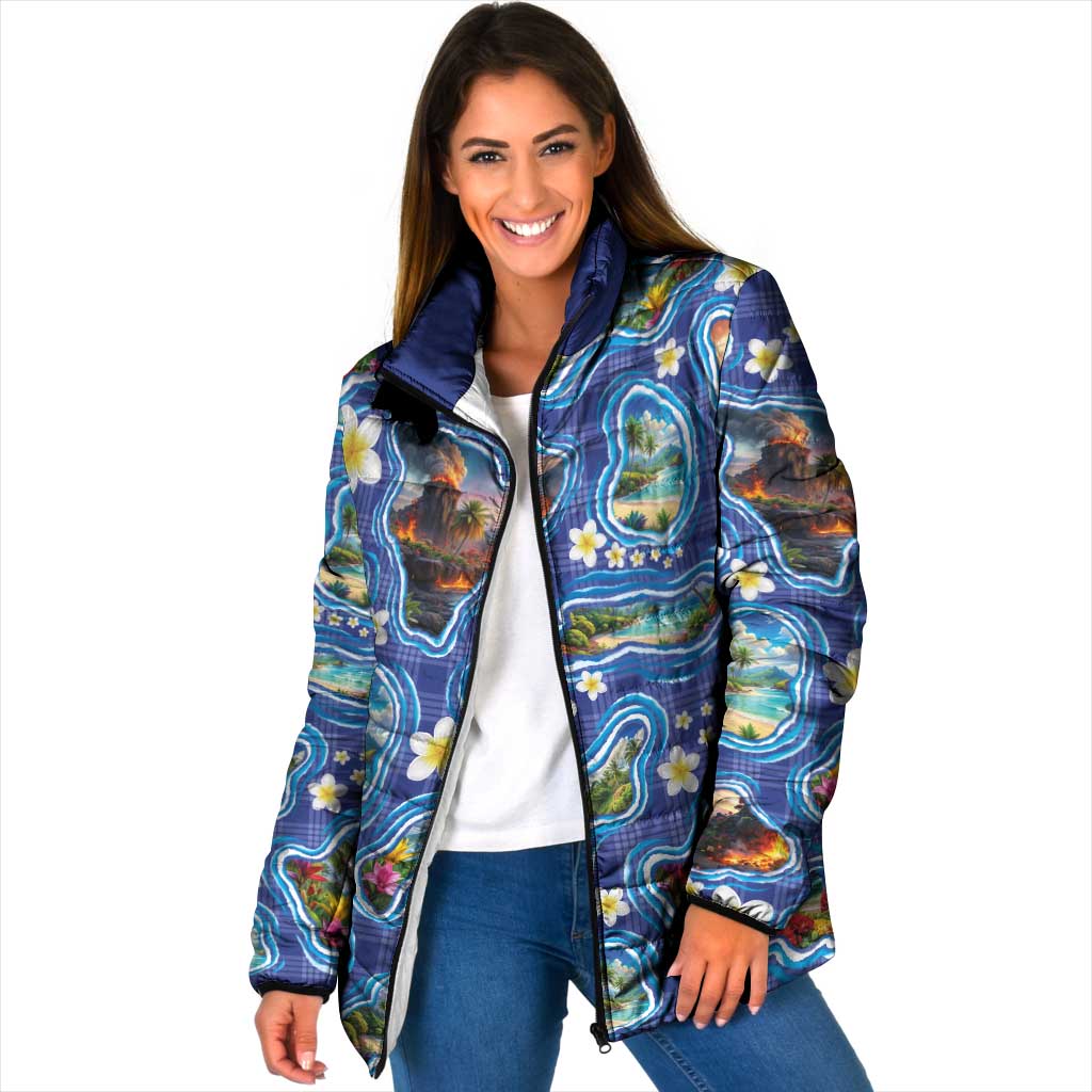Hawaiian Island Shapes-Iconic Landscape Padded Jacket with Plumeria and Palaka Blue Color