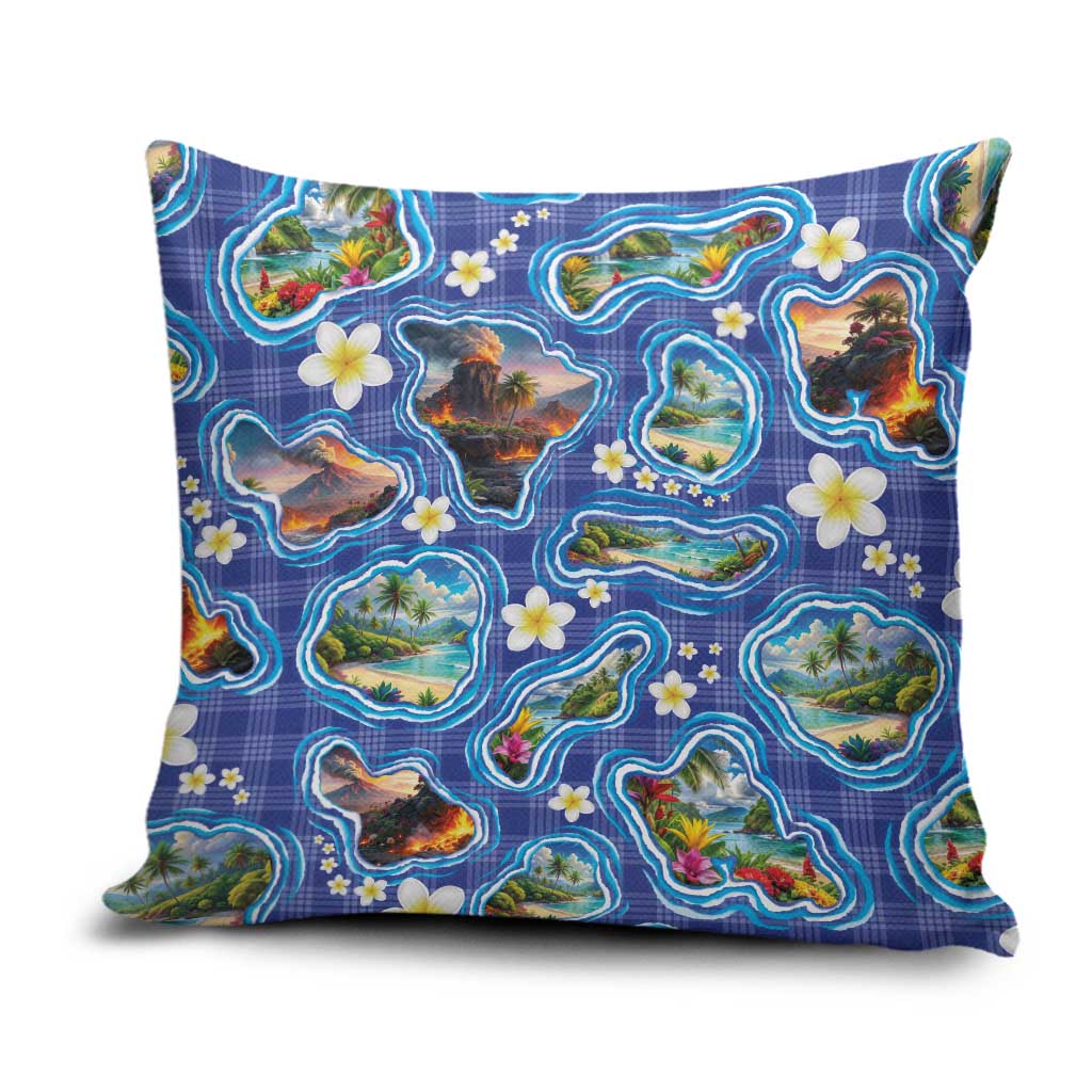 Hawaiian Island Shapes-Iconic Landscape Pillow Cover with Plumeria and Palaka Blue Color