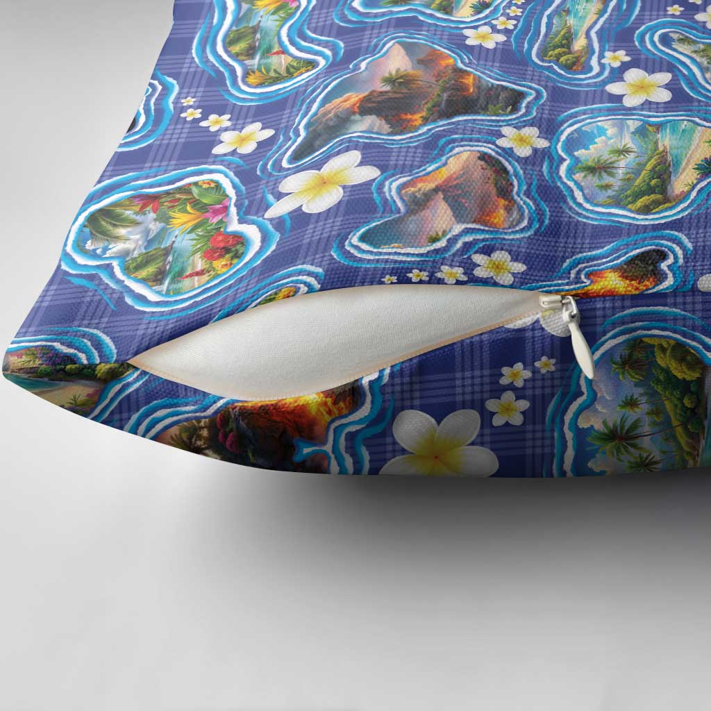 Hawaiian Island Shapes-Iconic Landscape Pillow Cover with Plumeria and Palaka Blue Color